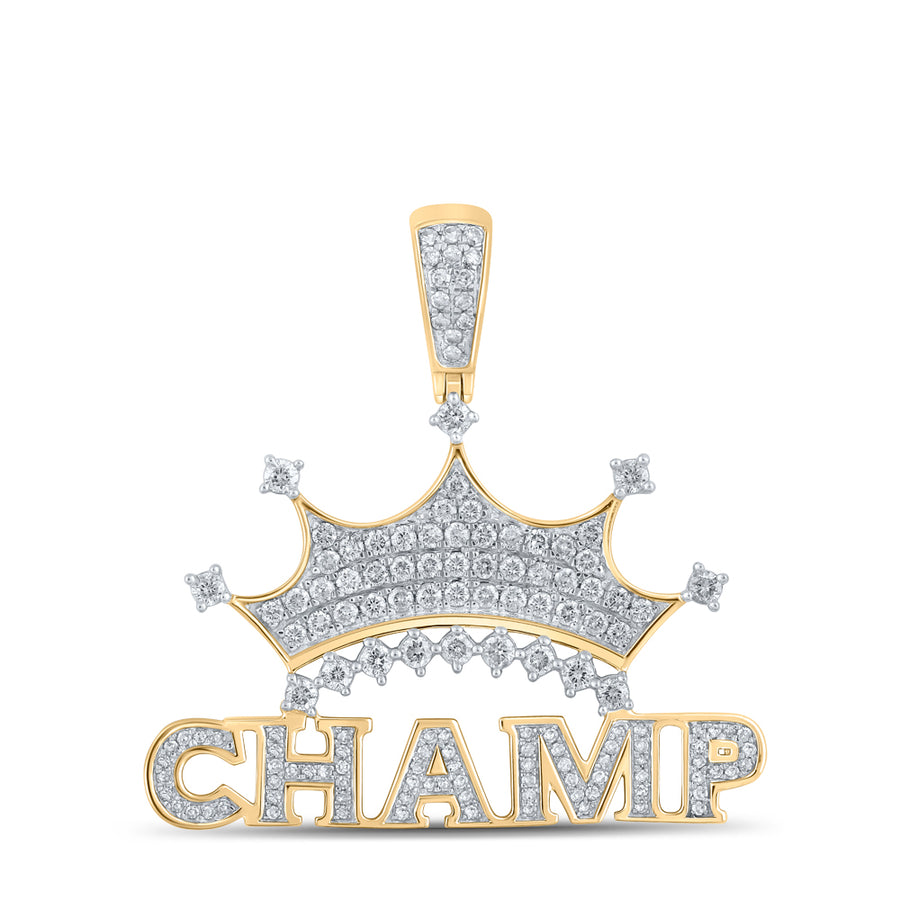 10kt Yellow Gold Mens Round Diamond Champ Crown Phrase Charm Pendant 1-1/4 Cttw