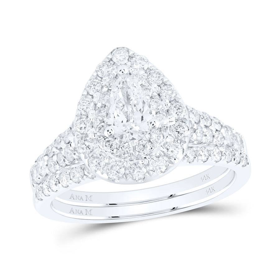 14kt White Gold Pear Diamond Halo Bridal Wedding Ring Band Set 1-1/2 Cttw