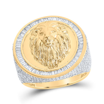 10kt Yellow Gold Mens Round Diamond Lion Face Circle Ring 2-1/3 Cttw
