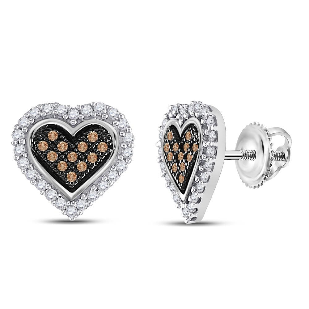 10kt White Gold Womens Round Brown Diamond Heart Cluster Earrings 1/4 Cttw