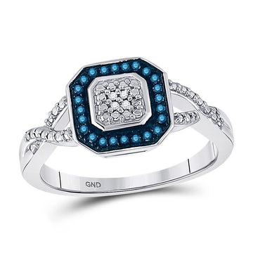 10kt White Gold Womens Round Blue Color Enhanced Diamond Octagon Ring 1/10 Cttw
