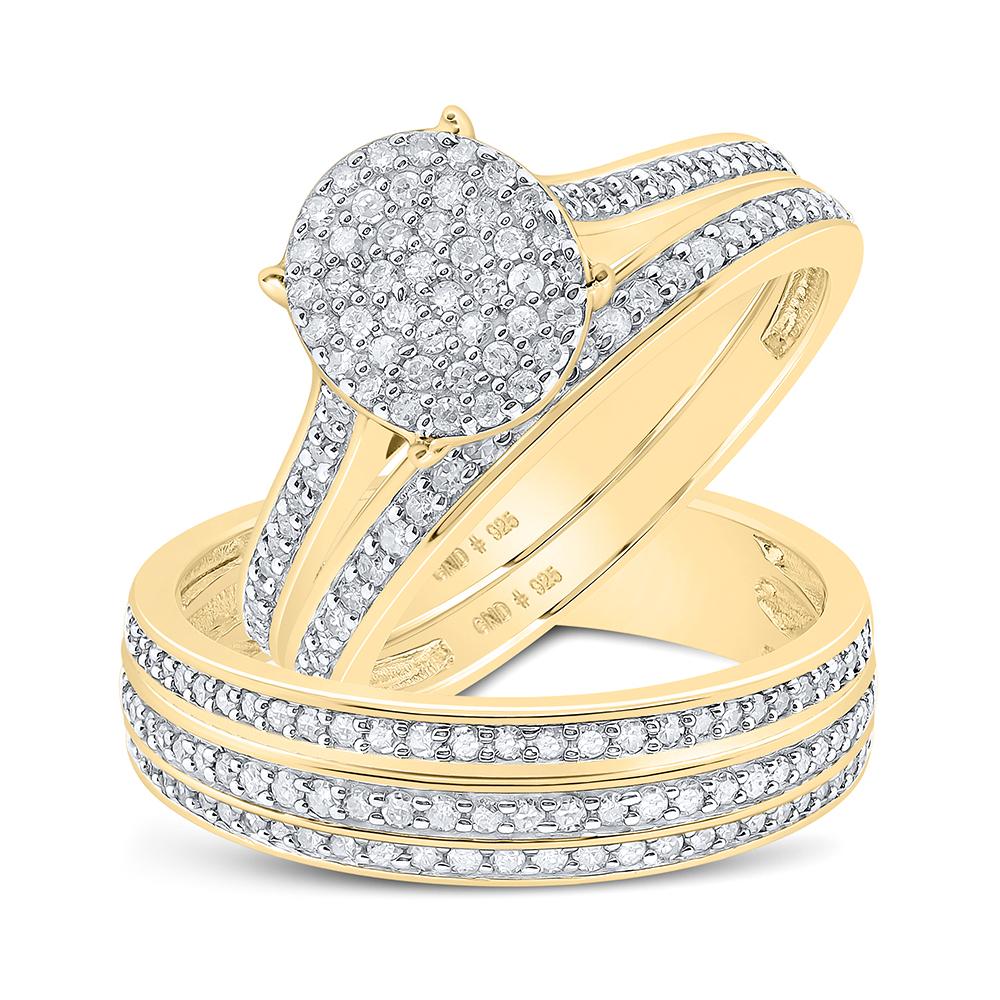 Yellow-tone Sterling Silver His Hers Round Diamond Cluster Matching Wedding Set 7/8 Cttw