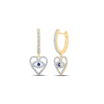 10kt Yellow Gold Womens Round Blue Sapphire Diamond Heart Dangle Earrings 3/8 Cttw