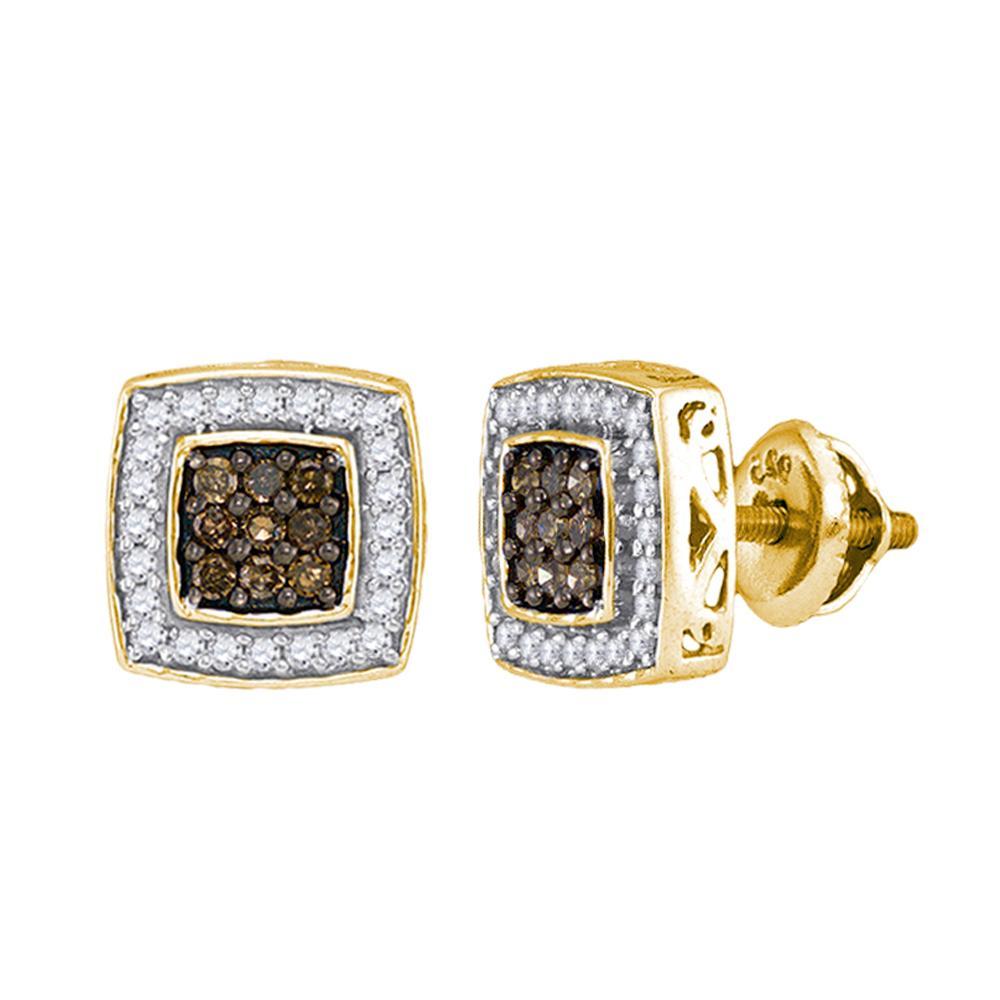 10kt Yellow Gold Womens Round Brown Diamond Square Cluster Earrings 1/2 Cttw