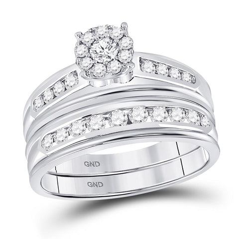 14kt White Gold His Hers Round Diamond Cluster Matching Wedding Set 1 Cttw