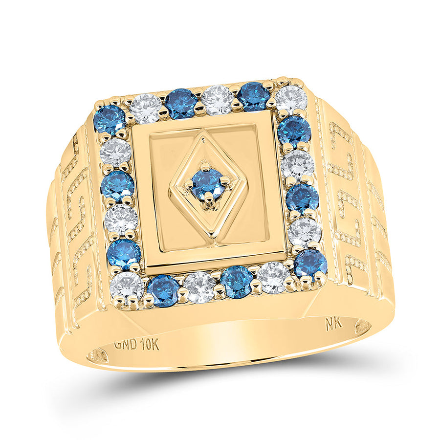 10kt Yellow Gold Mens Round Blue Color Treated Diamond Square Ring 1-1/2 Cttw