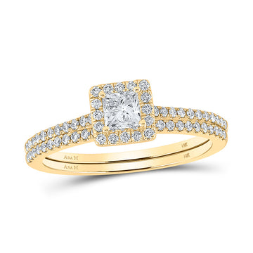14kt Yellow Gold Princess Diamond Square Halo Bridal Wedding Ring Band Set 5/8 Cttw