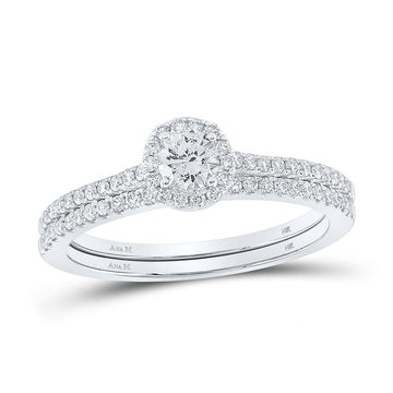 14kt White Gold Round Diamond Halo Bridal Wedding Ring Band Set 5/8 Cttw