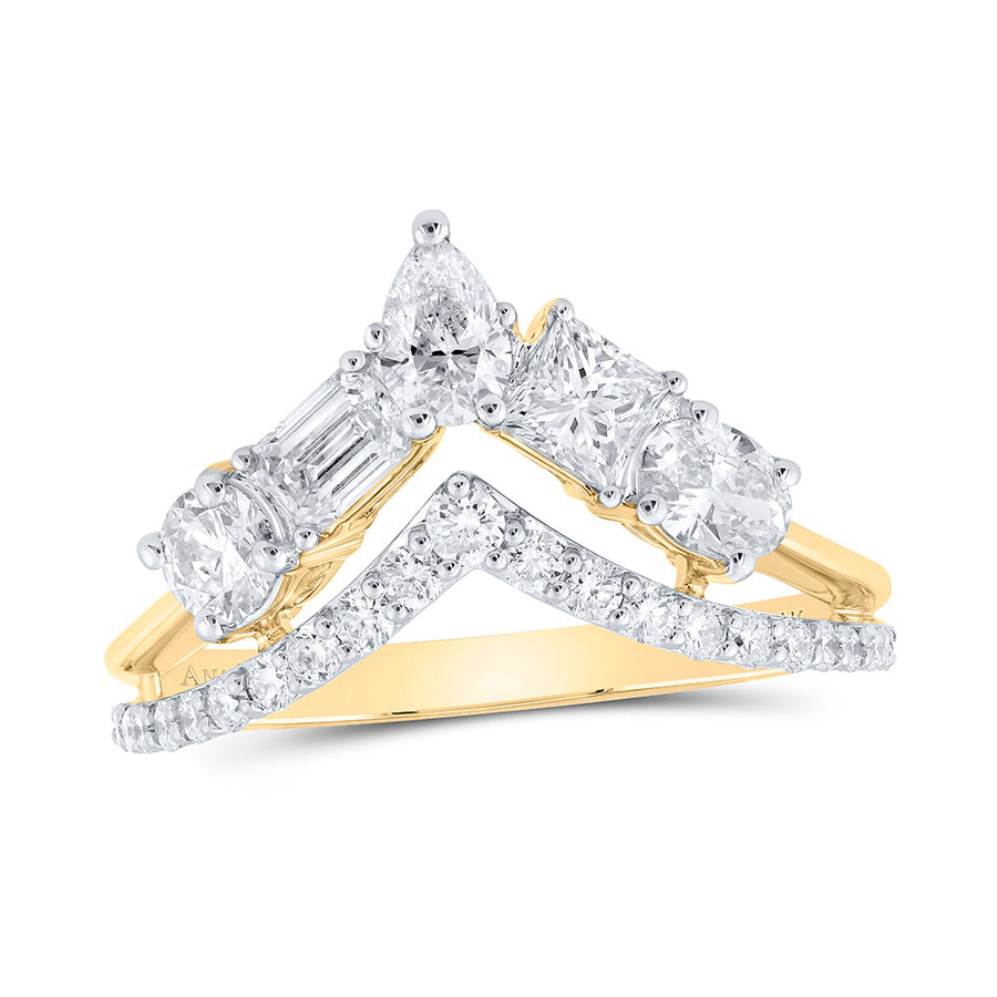 14kt Yellow Gold Womens Round Princess Pear Diamond Chevron Fashion Ring 1-3/8 Cttw
