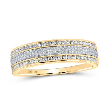 14kt Two-tone Gold Mens Round Diamond Wedding Hammered Band Ring 1/3 Cttw