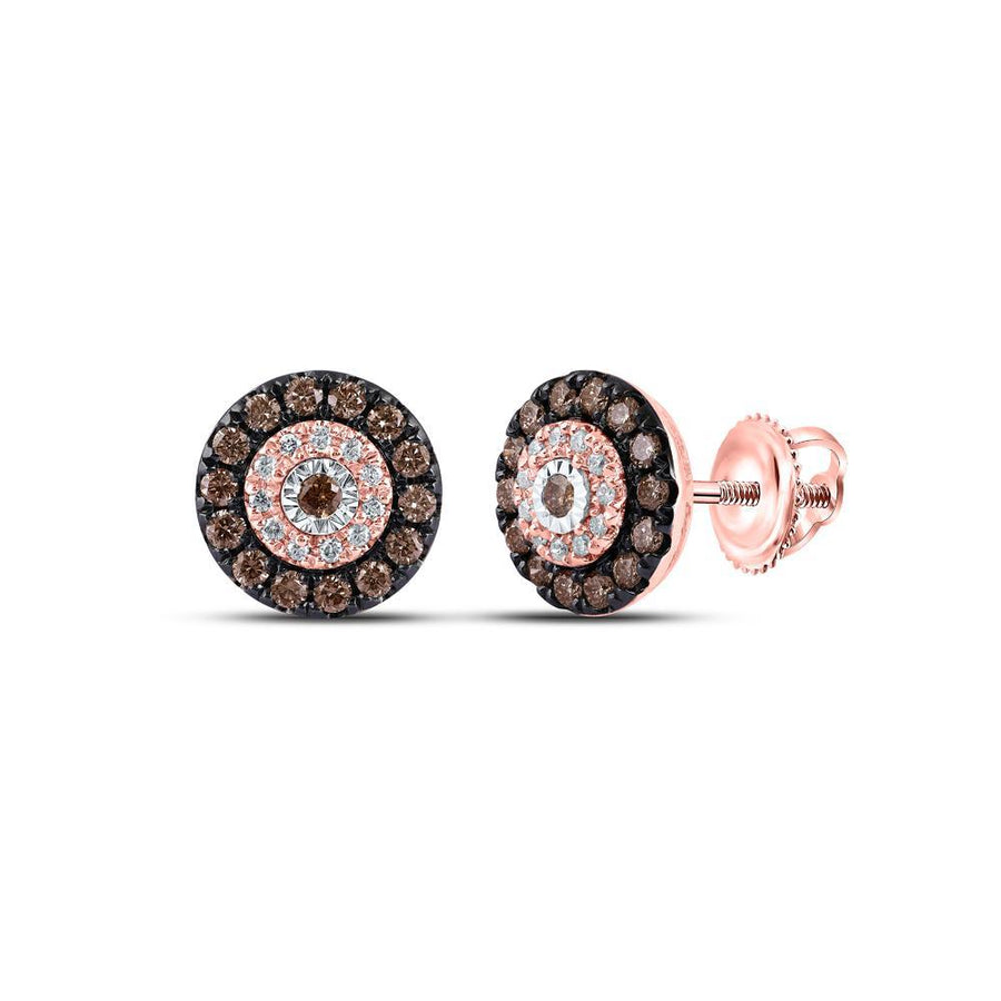 14kt Rose Gold Womens Round Brown Diamond Halo Earrings 1/2 Cttw