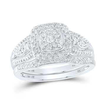 10kt White Gold Round Diamond Square Cluster Bridal Wedding Ring Band Set 3/8 Cttw