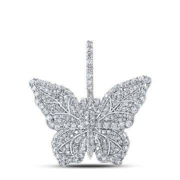 10kt White Gold Mens Round Diamond Butterfly Charm Pendant 1-1/2 Cttw