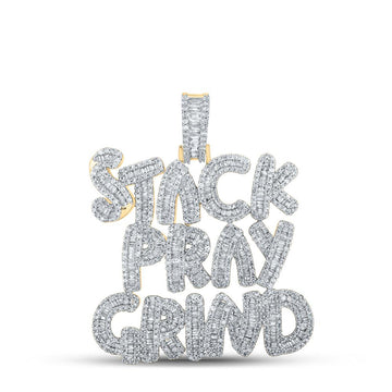 10kt Yellow Gold Mens Baguette Diamond Stack Pray Grind Phrase Charm Pendant 3 Cttw