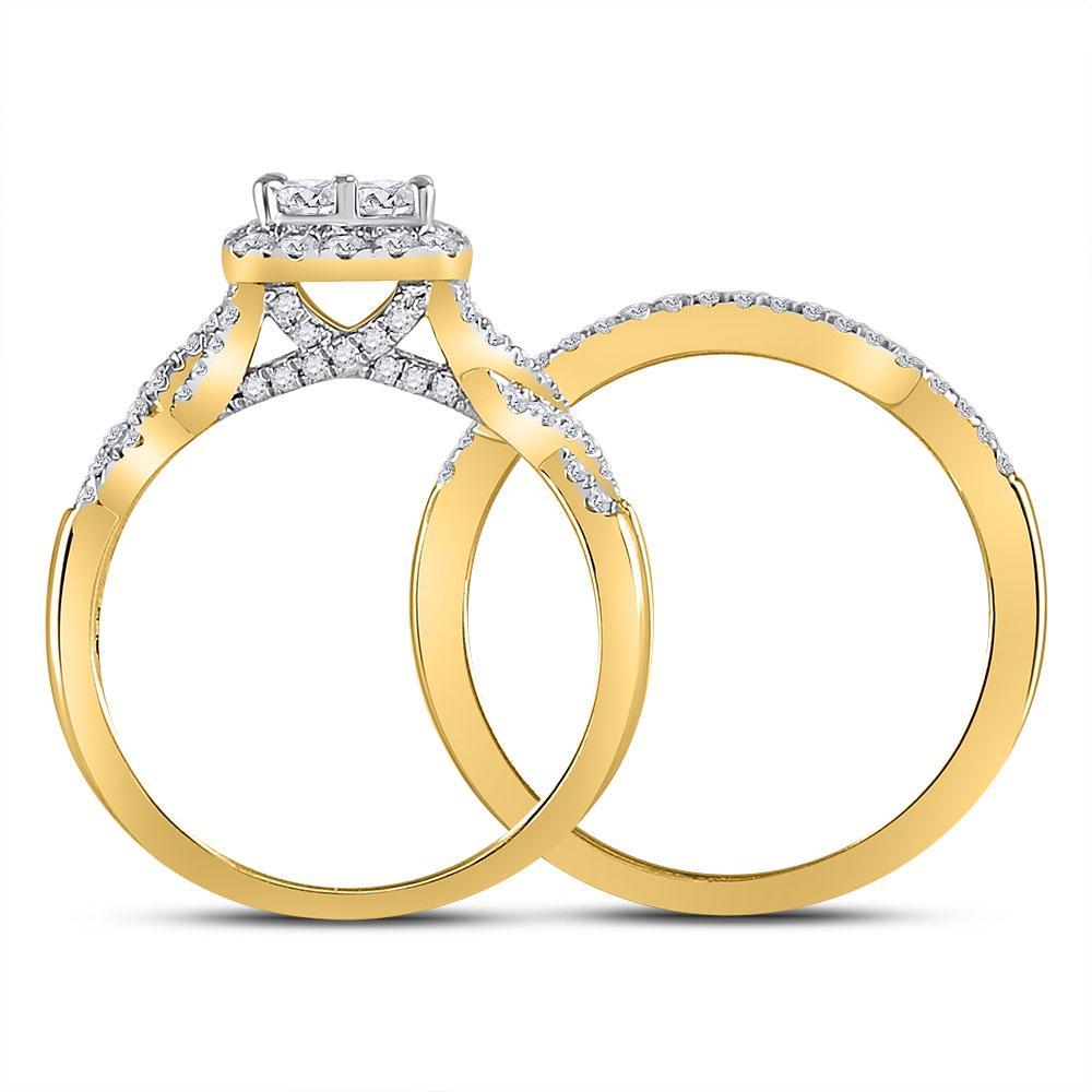 10kt Yellow Gold Princess Diamond Halo Bridal Wedding Ring Band Set 1 Cttw