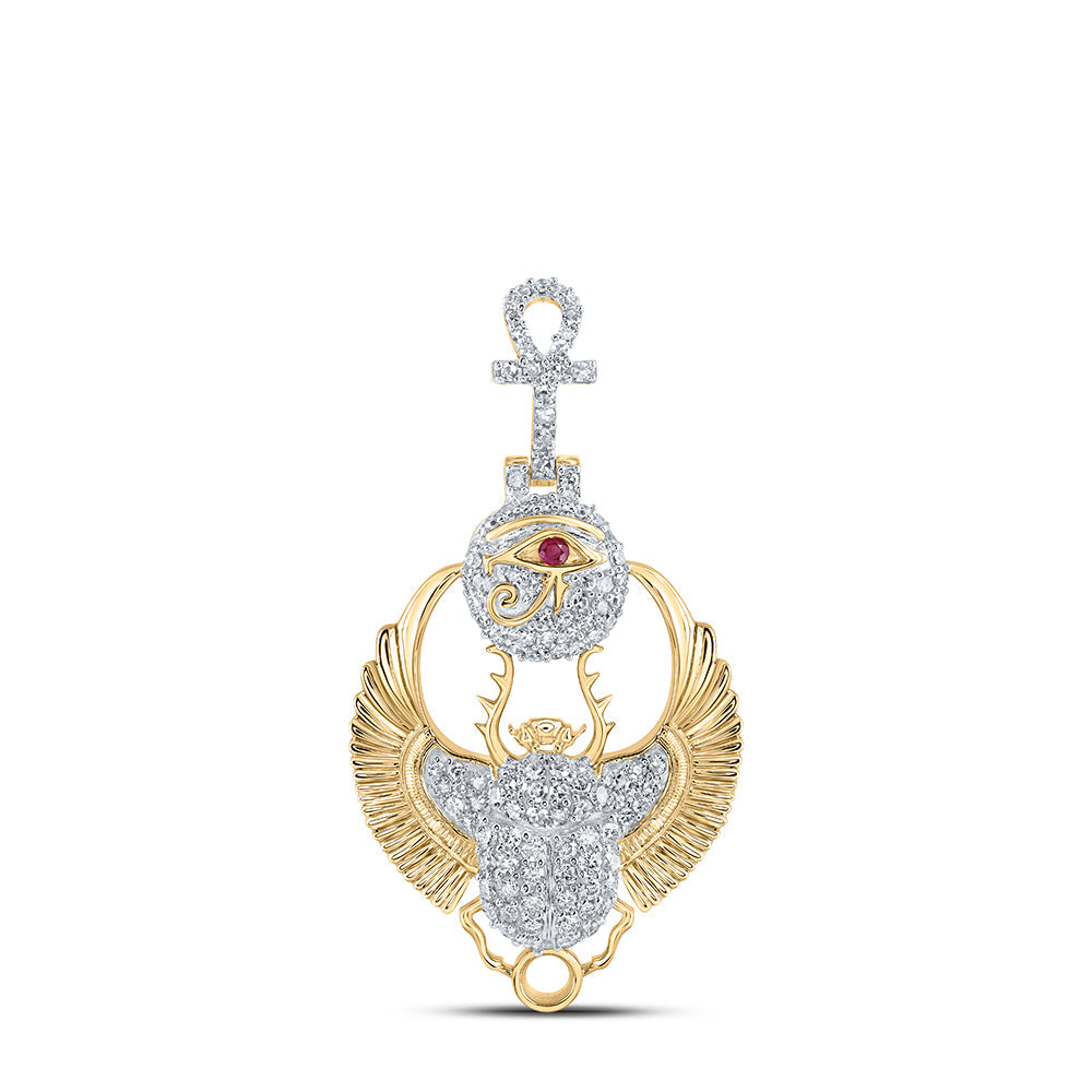 10kt Yellow Gold Mens Round Diamond Scarab Ankh Charm Pendant 3/4 Cttw