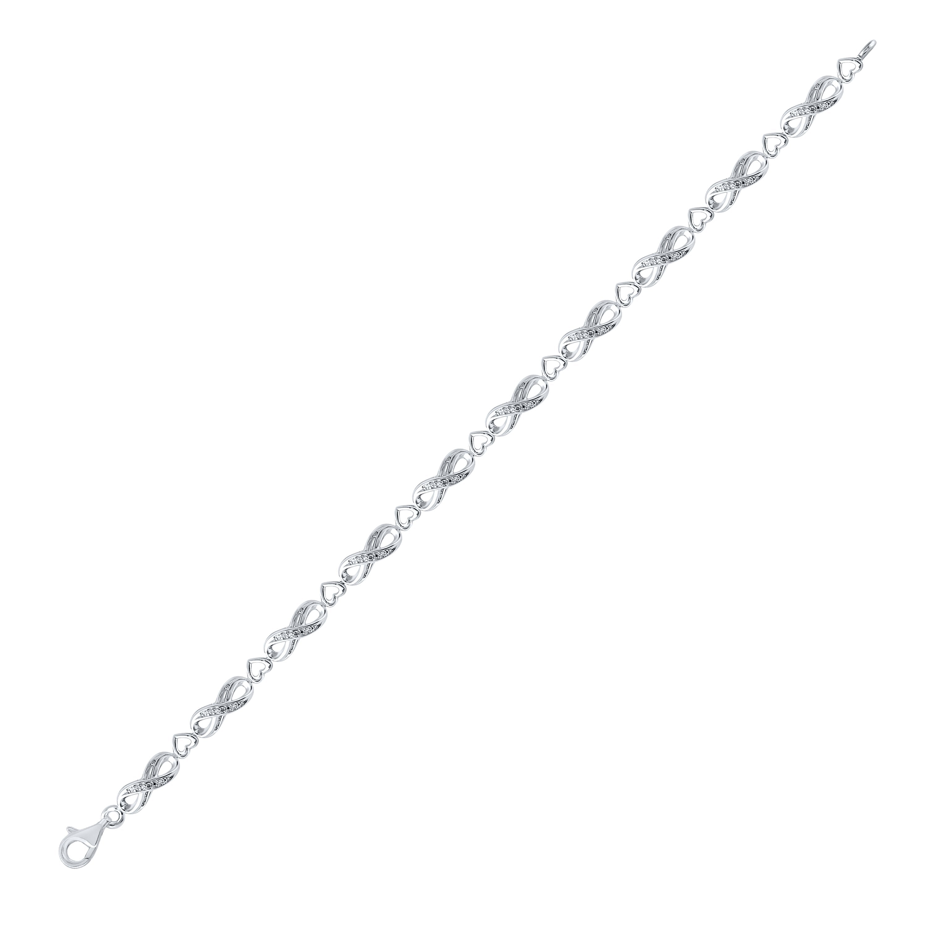 Sterling Silver Womens Round Diamond Infinity Heart Link Bracelet 1/20 Cttw