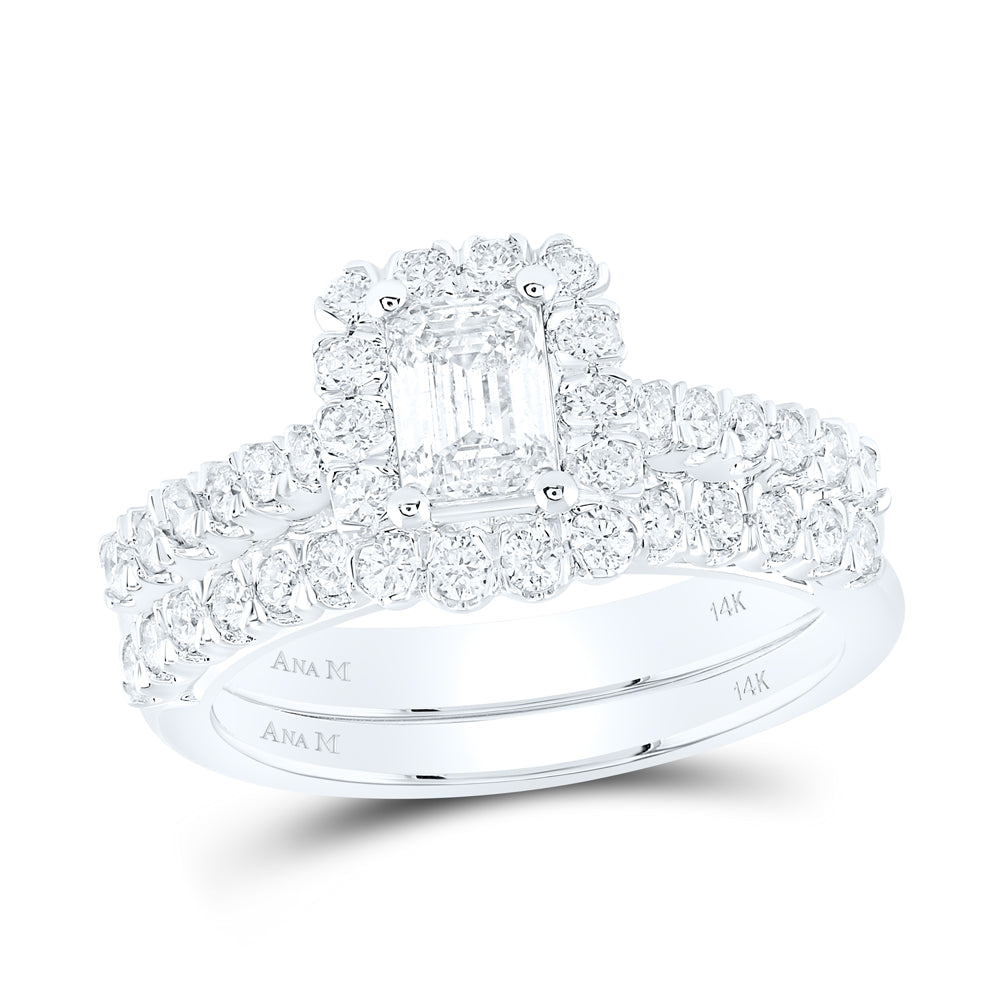 14kt White Gold Emerald Diamond Bridal Wedding Ring Band Set 1-1/2 Cttw