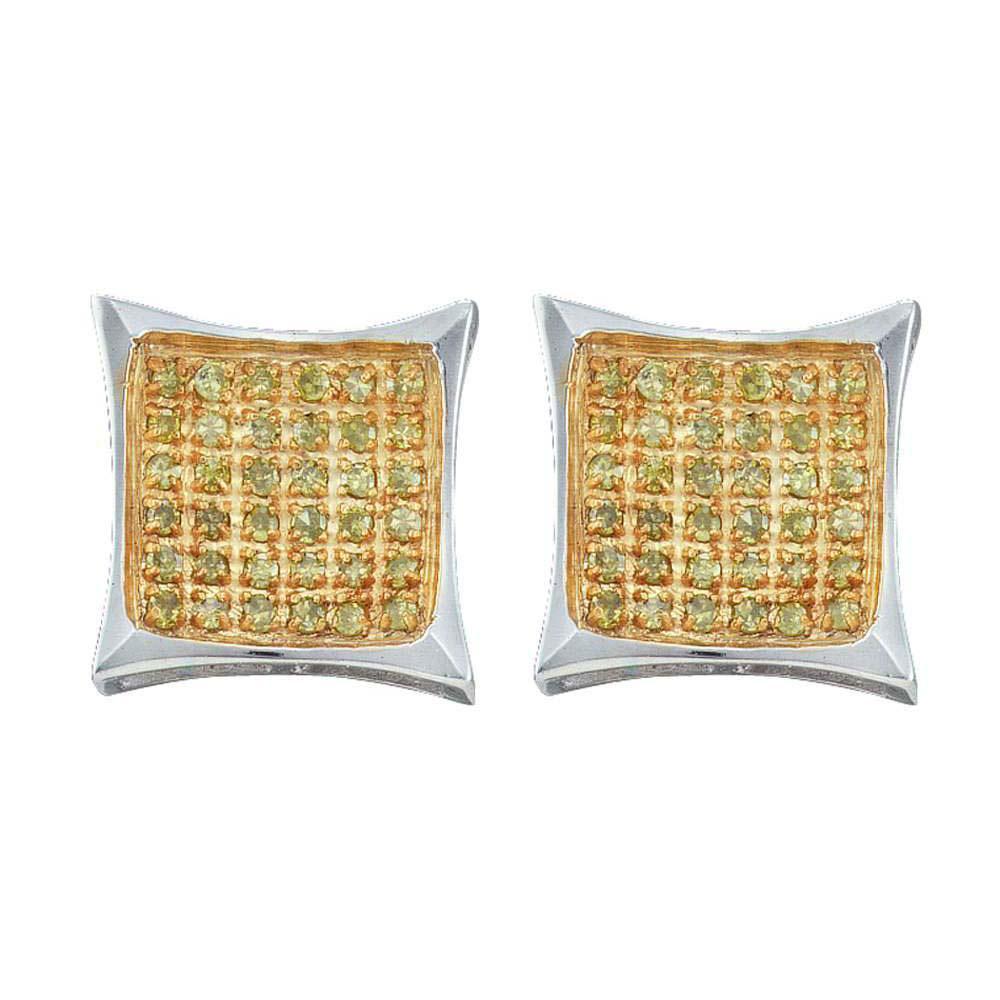 10kt White Gold Womens Round Yellow Color Enhanced Diamond Cluster Earrings 1/6 Cttw