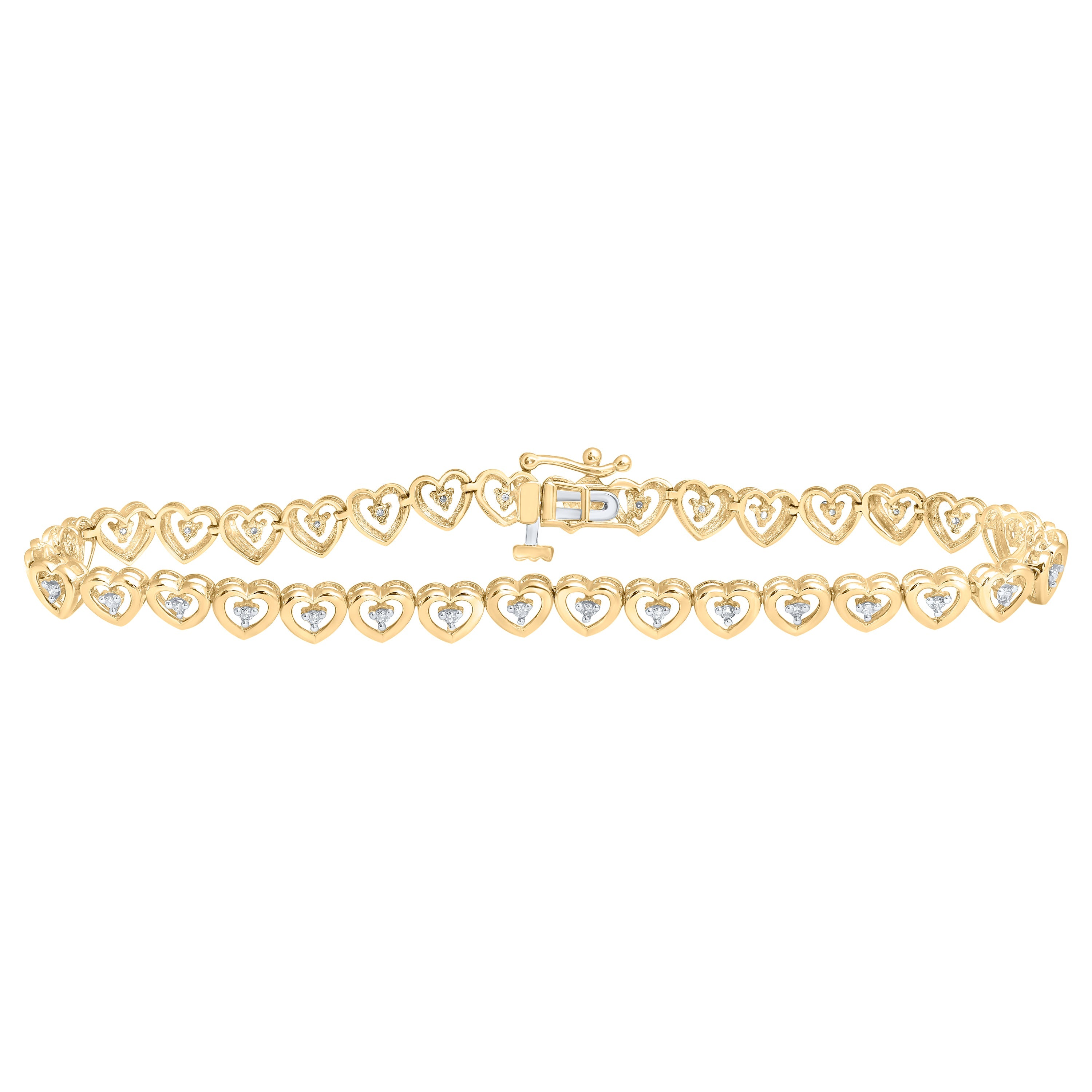 10kt Yellow Gold Womens Round Diamond Heart Bracelet 1/4 Cttw