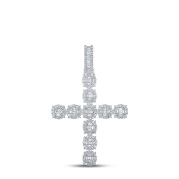 10kt White Gold Mens Baguette Diamond Cross Charm Pendant 1-7/8 Cttw