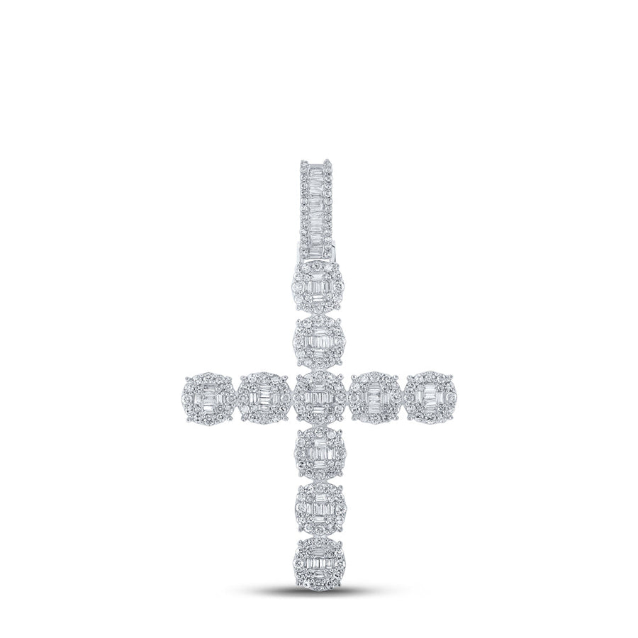 10kt White Gold Mens Baguette Diamond Cross Charm Pendant 1-7/8 Cttw