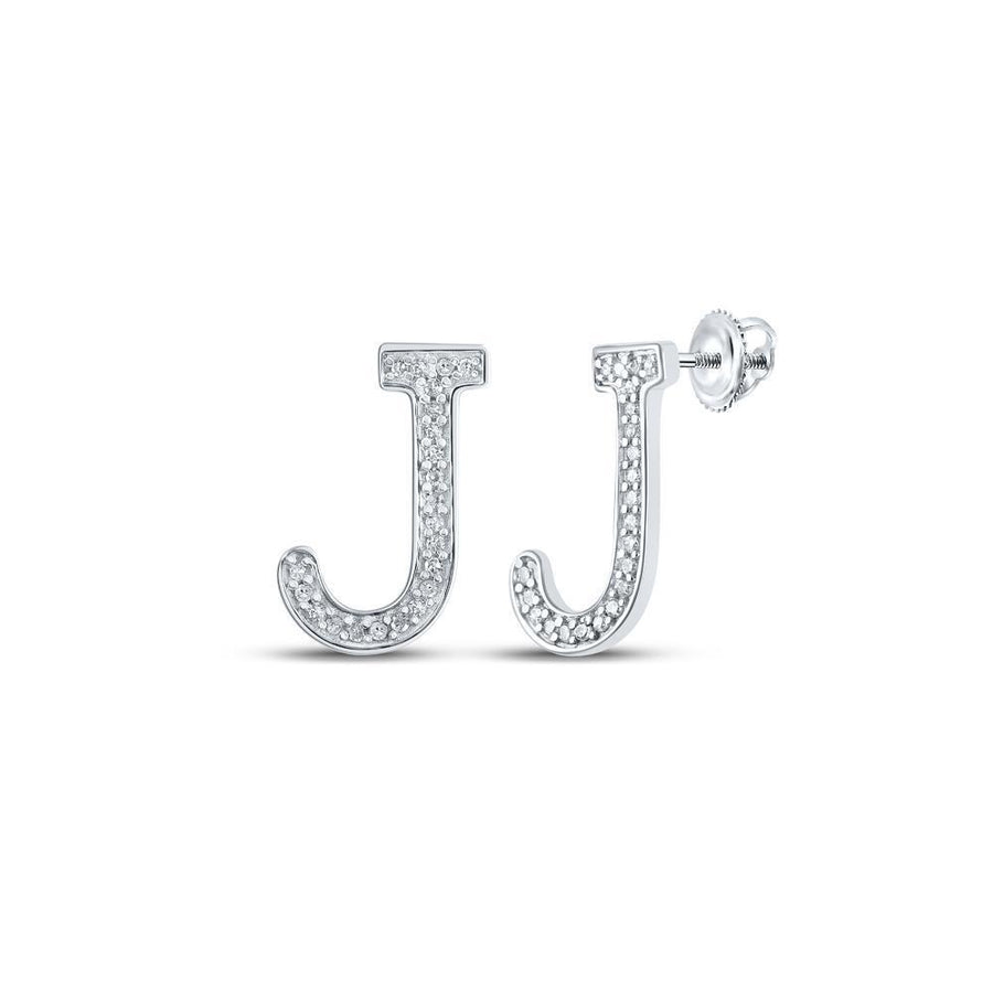 10kt White Gold Womens Round Diamond J Initial Letter Earrings 1/10 Cttw