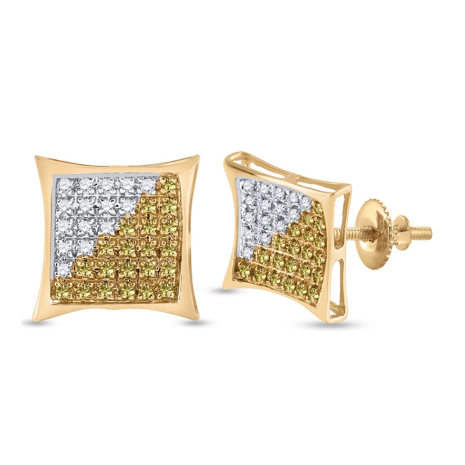 10kt Yellow Gold Mens Round Yellow Color Enhanced Diamond Square Cluster Earrings 1/4 Cttw