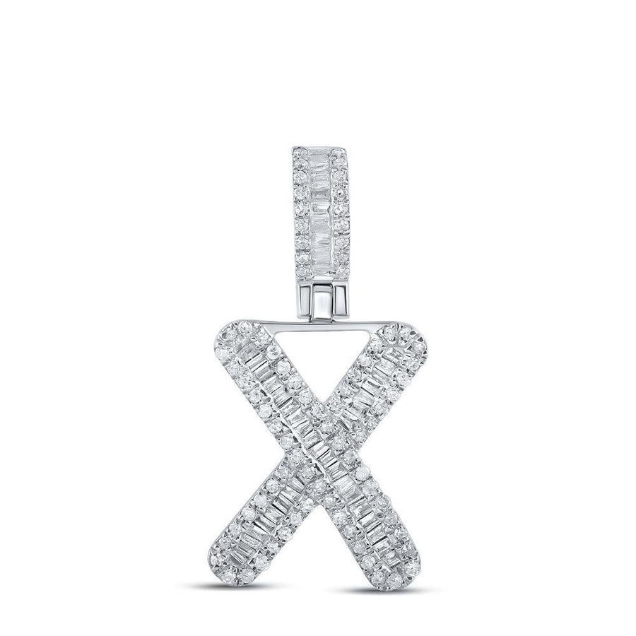 10kt White Gold Mens Baguette Diamond X Initial Letter Pendant 3/8 Cttw