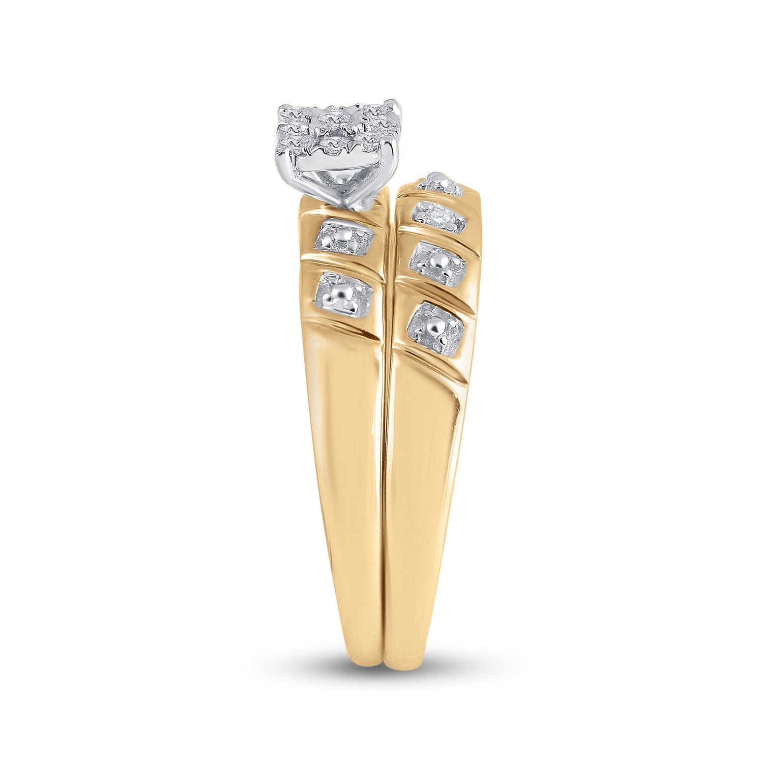 10kt Yellow Gold His Hers Round Diamond Cluster Matching Wedding Set 1/8 Cttw