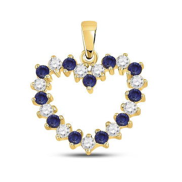 10kt Yellow Gold Womens Round Blue Sapphire Diamond Heart Pendant 1/2 Cttw