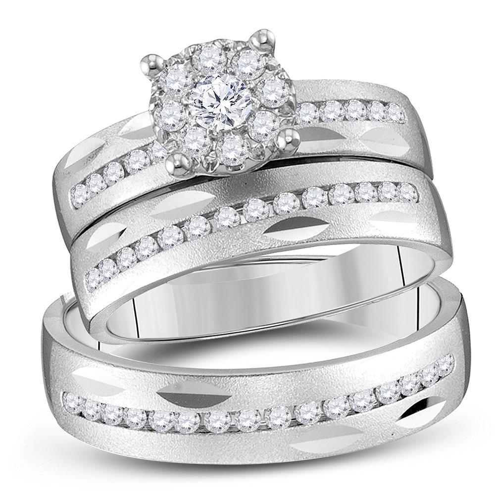 14kt White Gold His Hers Round Diamond Cluster Matching Wedding Set 3/4 Cttw