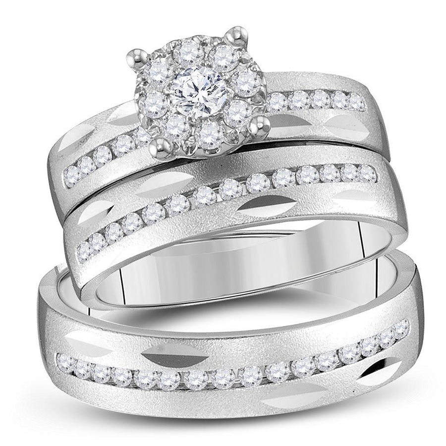 14kt White Gold His Hers Round Diamond Cluster Matching Wedding Set 3/4 Cttw