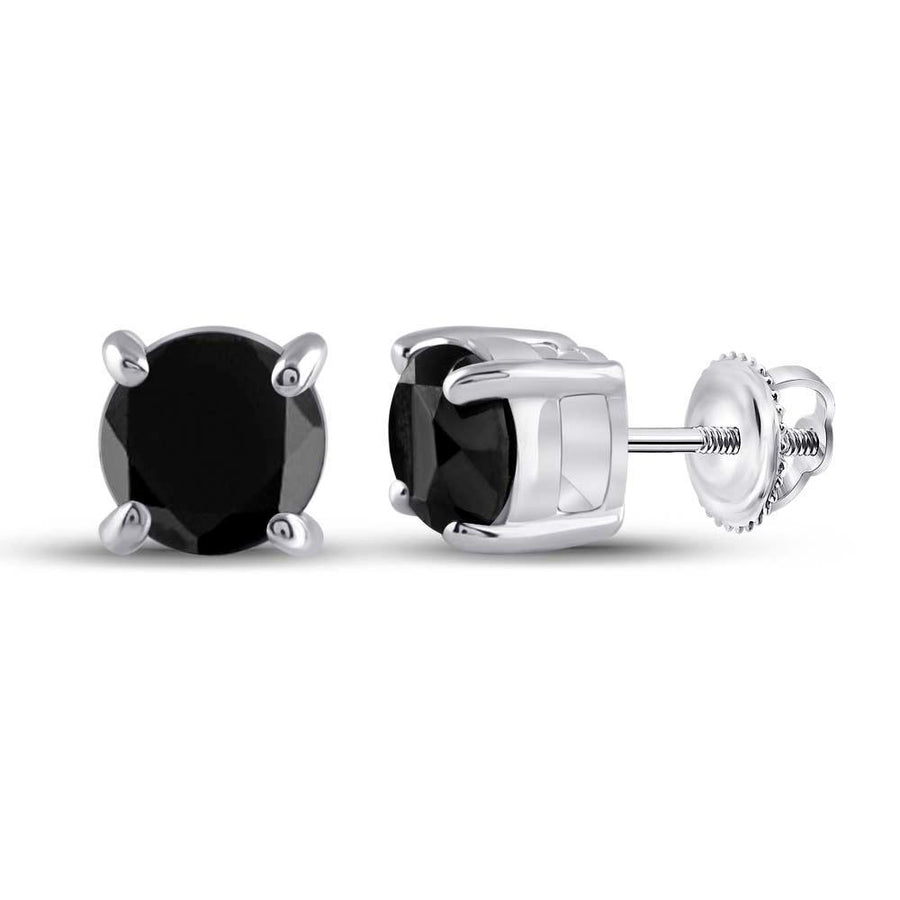 10kt White Gold Unisex Round Black Color Enhanced Diamond Stud Solitaire Earrings 1-1/2 Cttw