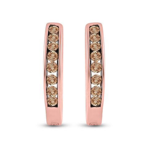 14kt Rose Gold Womens Round Brown Diamond Hoop Earrings 1/4 Cttw