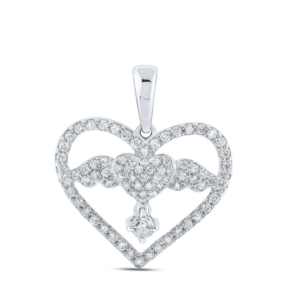 10kt White Gold Womens Round Diamond Angel Heart Pendant 5/8 Cttw