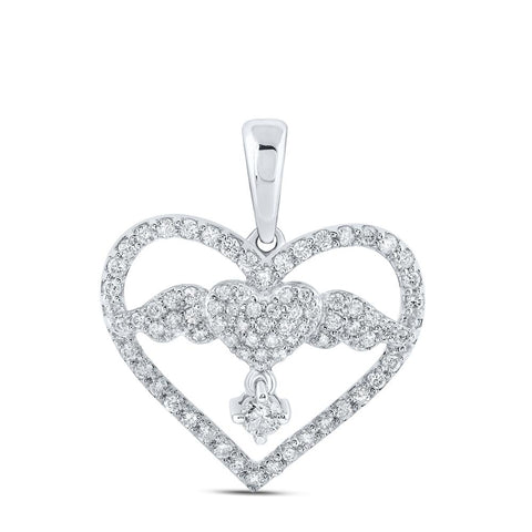 10kt White Gold Womens Round Diamond Angel Heart Pendant 5/8 Cttw