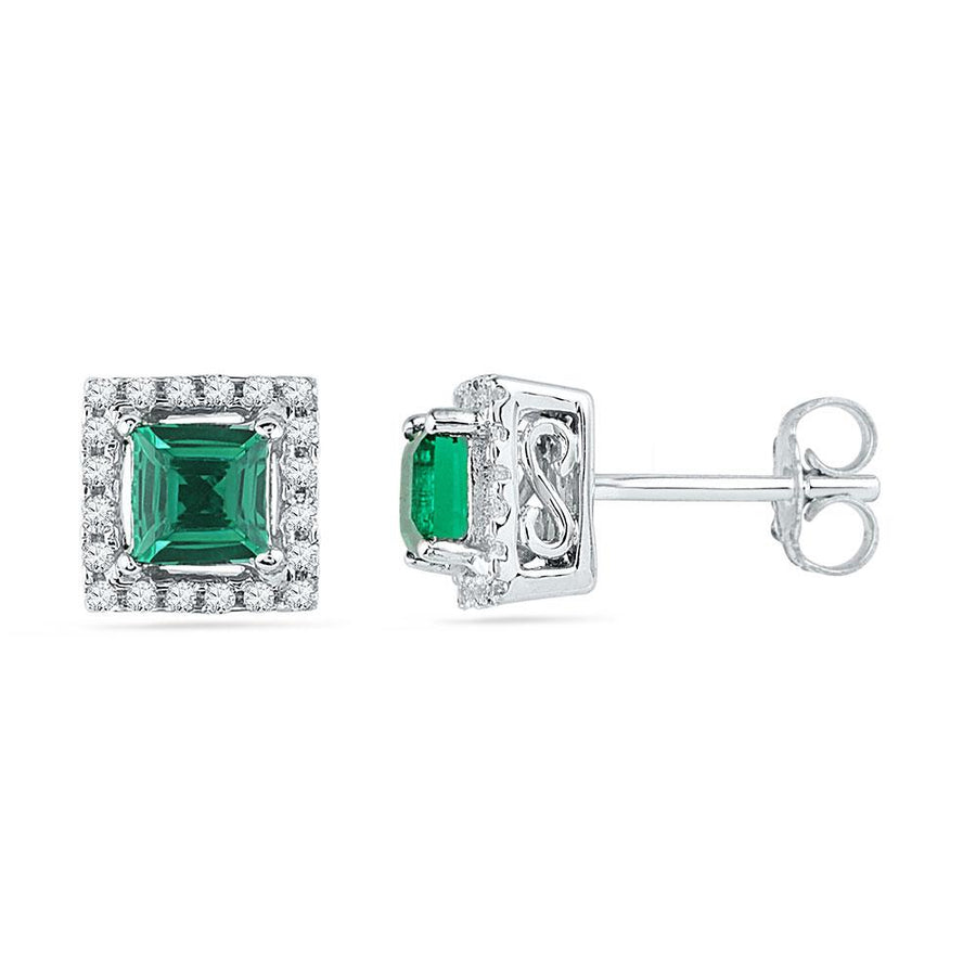 10kt White Gold Womens Princess Synthetic Emerald Stud Earrings 1/8 Cttw