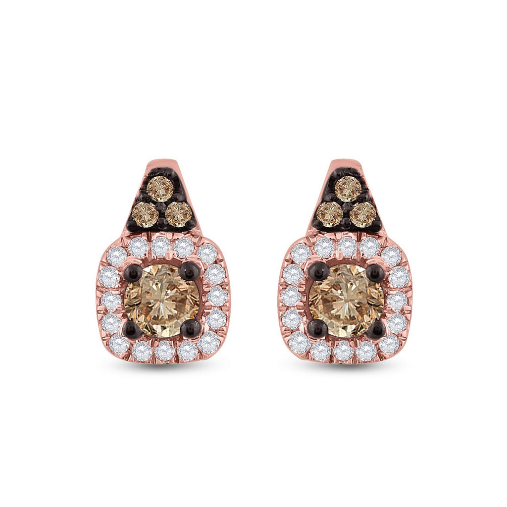14kt Rose Gold Womens Round Brown Diamond Halo Earrings 3/8 Cttw