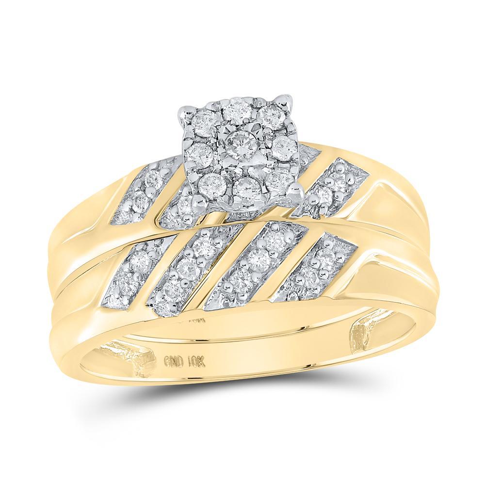 10kt Yellow Gold His Hers Round Diamond Cluster Matching Wedding Set 1/3 Cttw