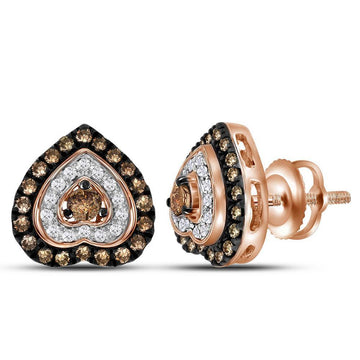 10kt Rose Gold Womens Round Brown Diamond Heart Earrings 5/8 Cttw