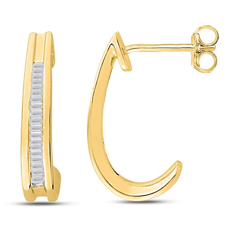 10kt Yellow Gold Womens Baguette Diamond Half J Hoop Earrings 1/6 Cttw