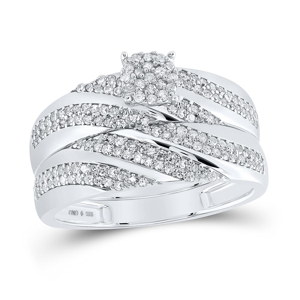 Sterling Silver His Hers Round Diamond Cluster Matching Wedding Set 7/8 Cttw