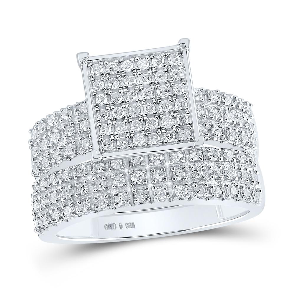 Sterling Silver His Hers Round Diamond Square Matching Wedding Set 7/8 Cttw