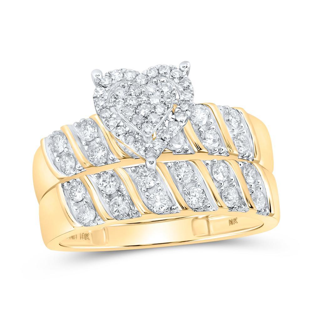10kt Yellow Gold His Hers Round Diamond Heart Matching Wedding Set 1 Cttw