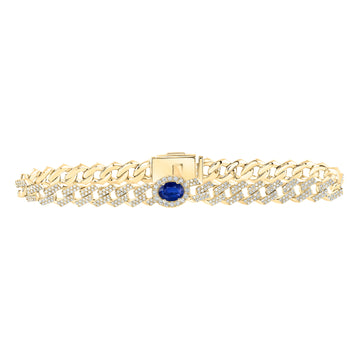 10kt Yellow Gold Womens Oval Blue Sapphire Diamond Cuban Link Bracelet 4-1/5 Cttw