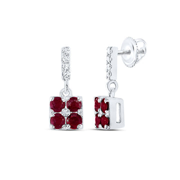 14kt White Gold Womens Round Ruby Diamond Square Dangle Earrings 1/3 Cttw