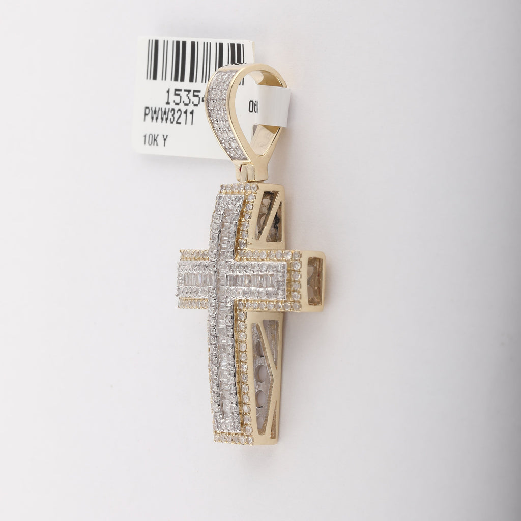 10kt Yellow Gold Mens Baguette Diamond Cross Charm Pendant 7/8 Cttw