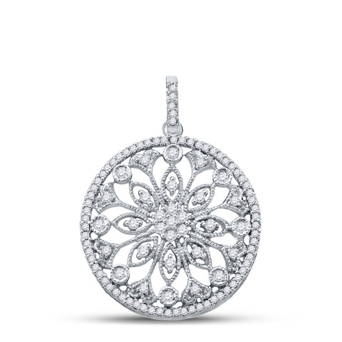 10kt White Gold Womens Round Diamond Antique-style Circle Pendant 1/2 Cttw
