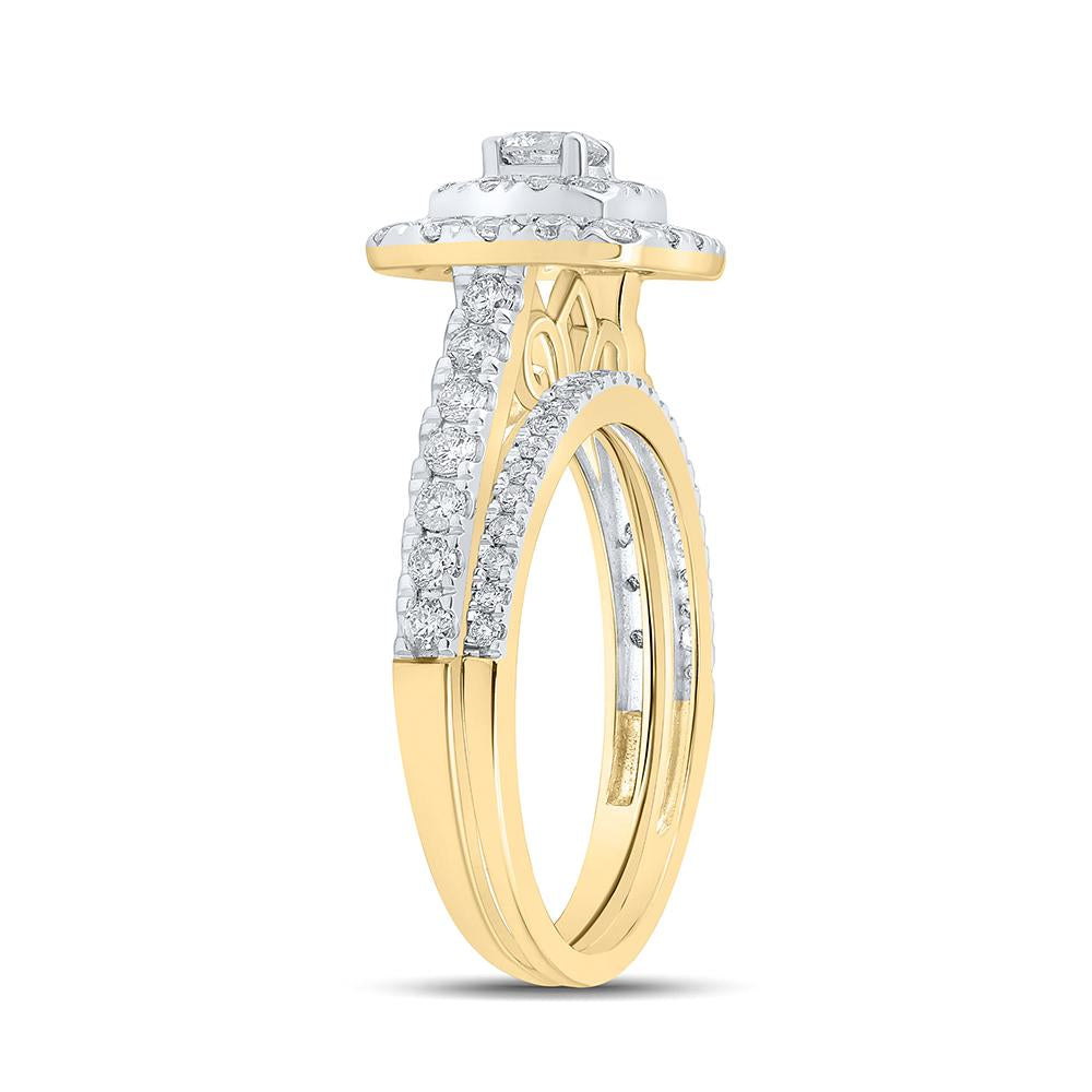 14kt Yellow Gold Round Diamond Halo Bridal Wedding Ring Band Set 1 Cttw